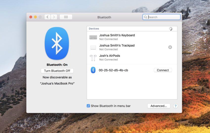 Solucione la mayoría de los problemas de Bluetooth de macOS High Sierra volviendo a conectarse. 