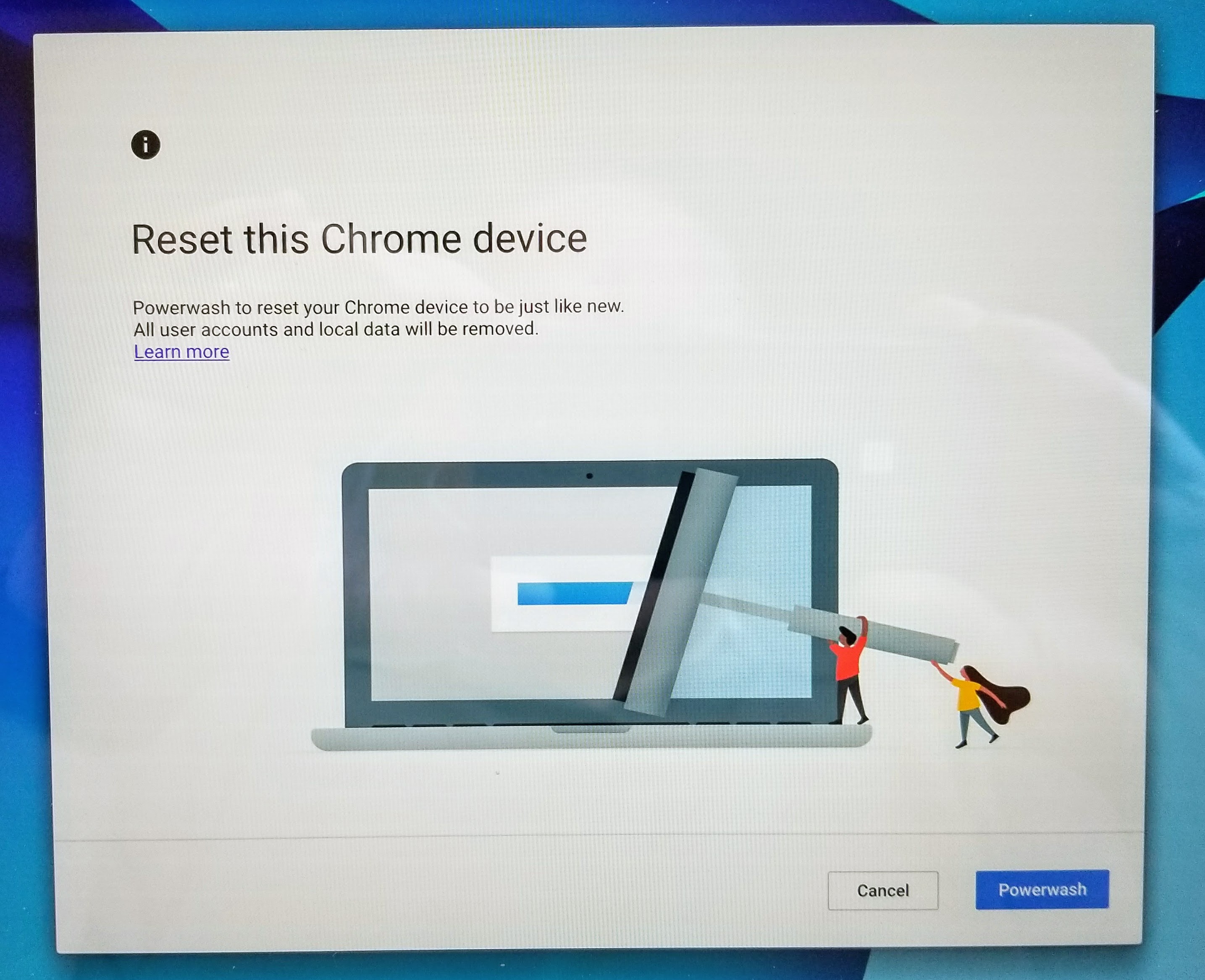 haga clic en powerwash cuando se reinicie Chromebook