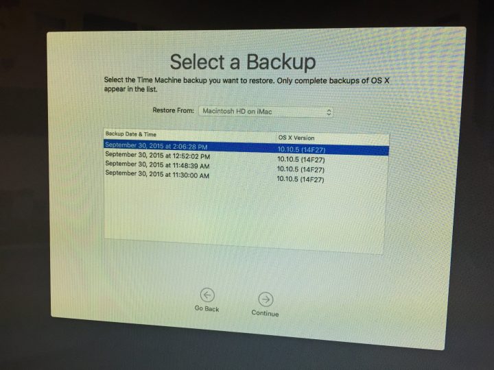 Elija una copia de seguridad para restaurar que tenga OS X El Capitan.