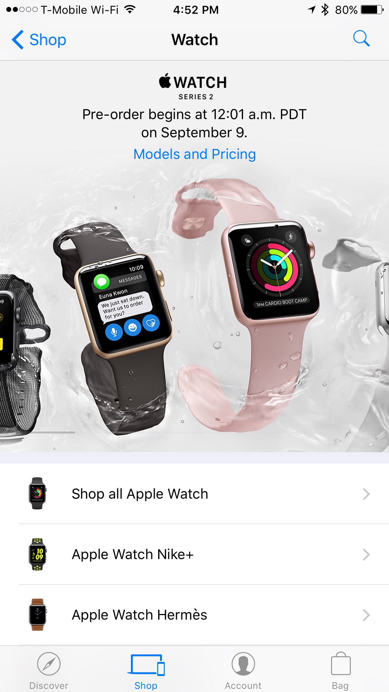Reserva el nuevo Apple Watch Series 2 a través de la aplicación Apple Store el 9 de septiembre a las 12:01 am PDT.