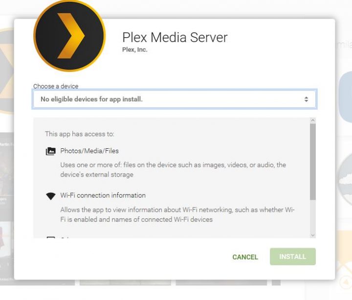 instalación de la aplicación plex media server desde google play store