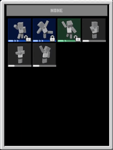 Captura de pantalla de Minecraft de la lista de emotes desbloqueables