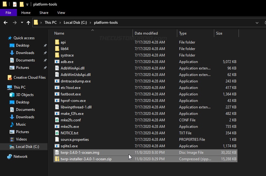 Mueva la imagen de recuperación TWRP y los archivos de instalación dentro de 'herramientas de plataforma'