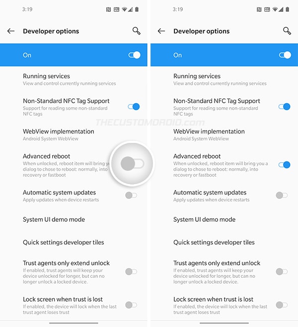 Active la opción "Reinicio avanzado" en Opciones de desarrollador en OnePlus Nord