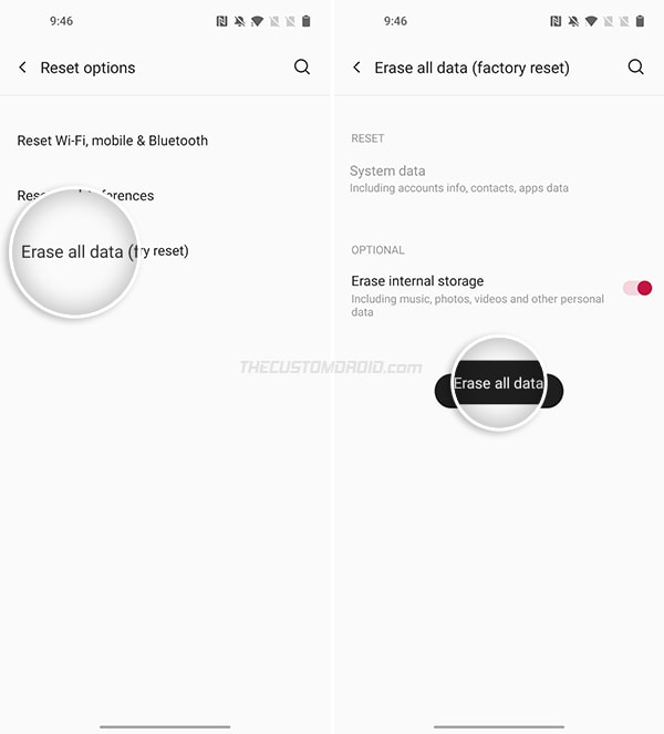 Restablecimiento de fábrica de OnePlus 8T a través de la configuración: seleccione "Borrar todos los datos"