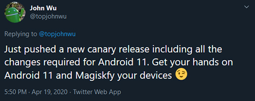 topjohnwu fusionó el soporte de Android 11 en el canal Magisk Canary