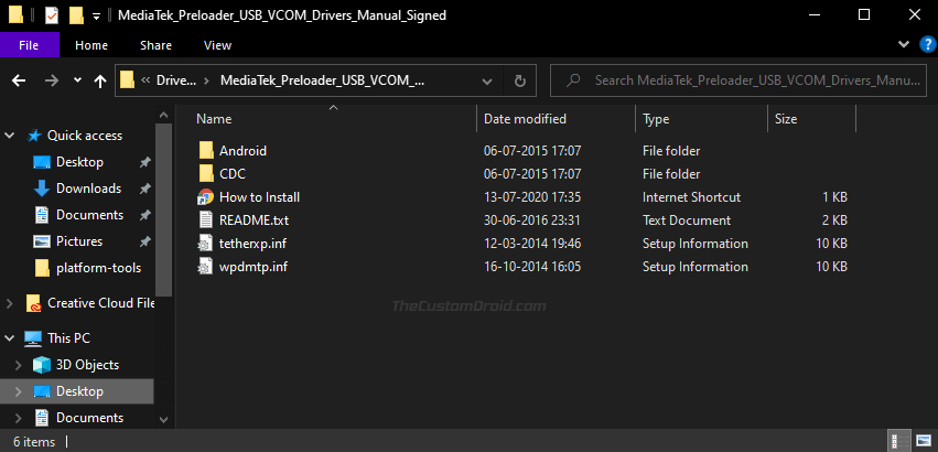 Extraiga el paquete de controladores MediaTek USB VCOM en la PC