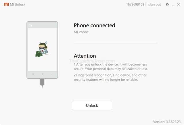 La herramienta de desbloqueo Xiaomi Mi reconoce el teléfono como conectado