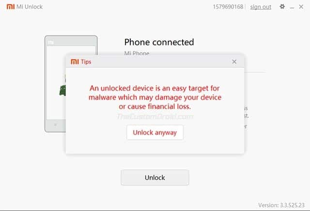 Haga clic en 'Desbloquear de todos modos' para desbloquear el gestor de arranque en su dispositivo Xiaomi