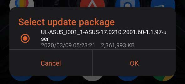 Presione 'Aceptar' para instalar la actualización OTA de Android 10 en Asus ROG Phone 2