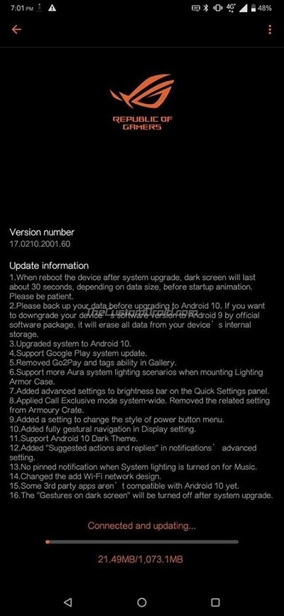 Notificación OTA de ROG Phone 2 Android 10