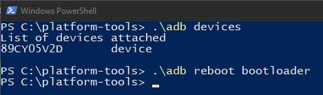 Ingrese el comando ADB en Windows PowerShell para iniciar Poco X2 en modo Fastboot