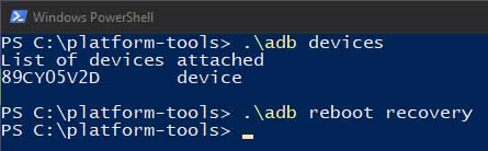 Ingrese el comando ADB en Windows PowerShell para iniciar Poco X2 en modo de recuperación