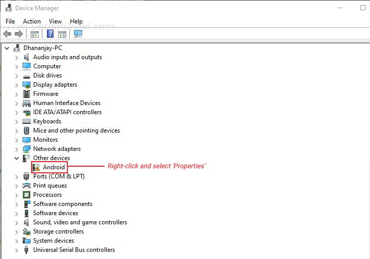 Haga clic con el botón derecho en el nombre del dispositivo y seleccione 'Propiedades' en el Administrador de dispositivos de Windows