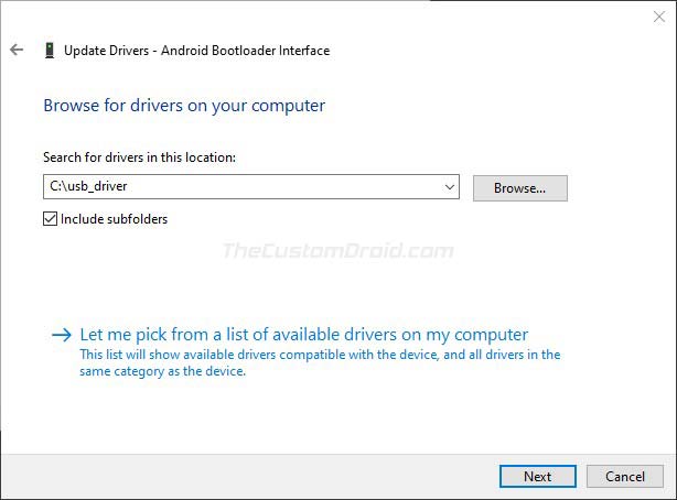 Haga clic en 'Siguiente' para instalar los controladores USB de Google en Windows 10