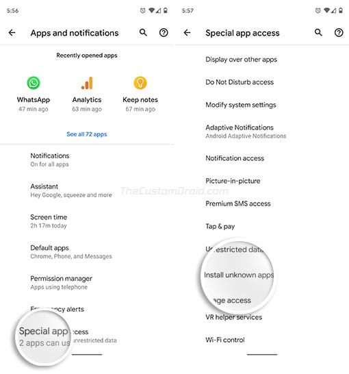 Habilite 'Instalar aplicaciones desconocidas' en Android Oreo y versiones superiores: vaya a 'Avanzado' y seleccione 'Acceso a aplicaciones especiales'