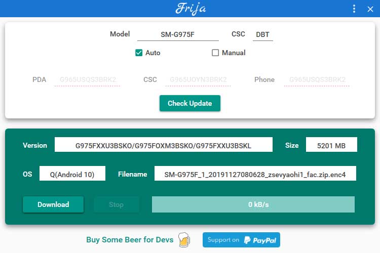 Frija Tool comprueba el firmware de stock más reciente en el servidor de actualización de firmware de Samsung