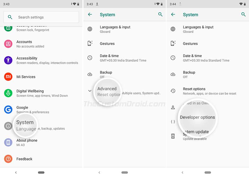 Habilite el desbloqueo OEM en Xiaomi Mi A3: vaya a las opciones de desarrollador
