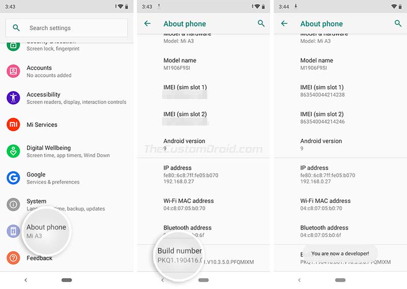 Habilite el desbloqueo OEM en Xiaomi Mi A3: toque 5 veces en la sección 'Número de compilación'