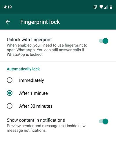 Opciones de función de bloqueo de huellas dactilares de WhatsApp