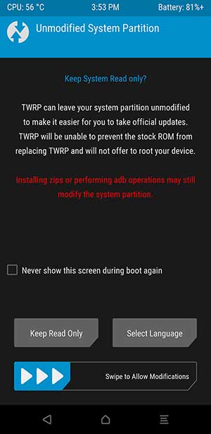 Arranque LG V30 en TWRP Recovery: deslice para permitir modificaciones
