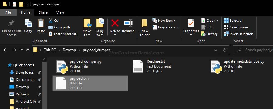 Copie el archivo 'payload.bin' dentro de la carpeta 'payload_dumper' en la PC
