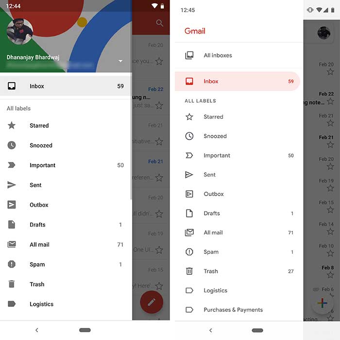 Tema de material de Gmail para Android: panel de navegación