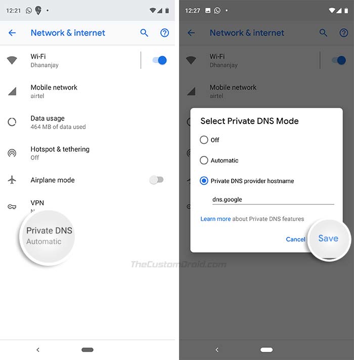 Configure el DNS público de Google sobre TLS en dispositivos Android Pie: ingrese el proveedor de DNS privado