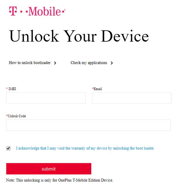 Desbloquear el cargador de arranque en T-Mobile OnePlus 6T - Llene la página de solicitud de token de desbloqueo del cargador de arranque