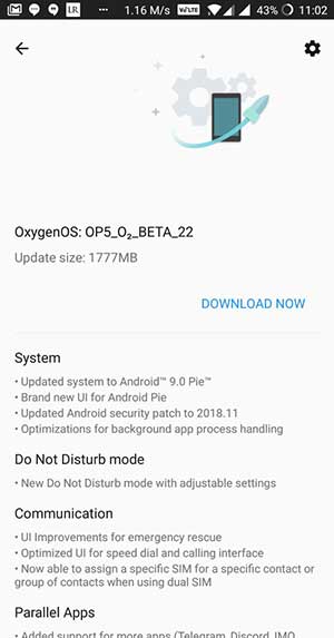 Captura de pantalla de OnePlus 5 OxygenOS Open Beta 22 OTA