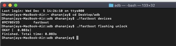 Emita el desbloqueo rápido de Fastboot en la terminal para desbloquear el cargador de arranque en Google Pixel 3 (XL)