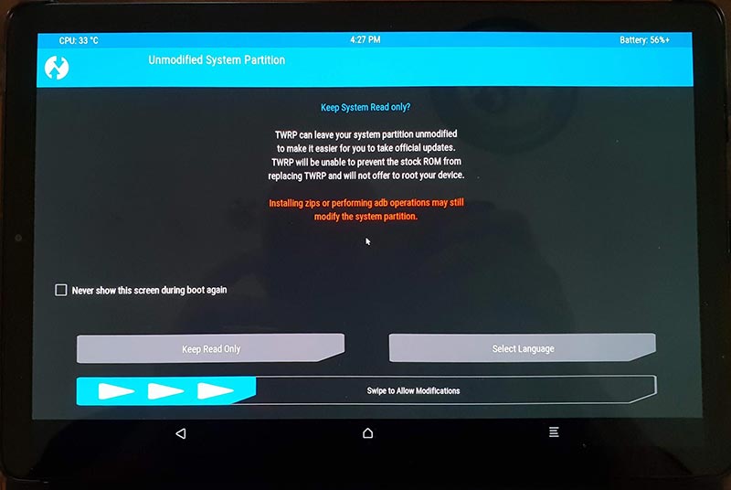 Root Galaxy Tab S4: mensaje Keep System Ready Only en TWRP