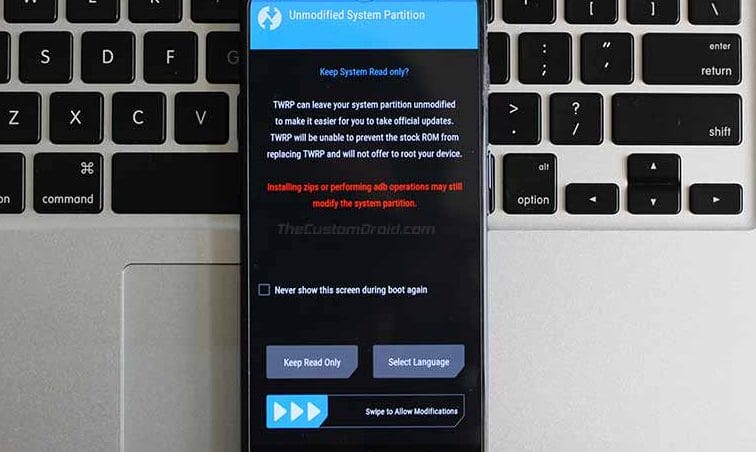 Recuperación de Xiaomi Mi 8 TWRP: deslice para permitir modificaciones