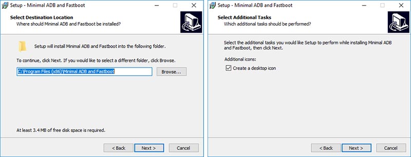 Instale la herramienta Minimal ADB y Fastboot: ubicación de instalación y acceso directo al escritorio