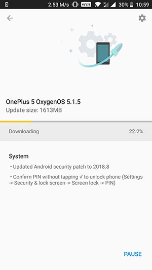 OxygenOS 5.1.5 para OnePlus 5 / 5T - Captura de pantalla OTA
