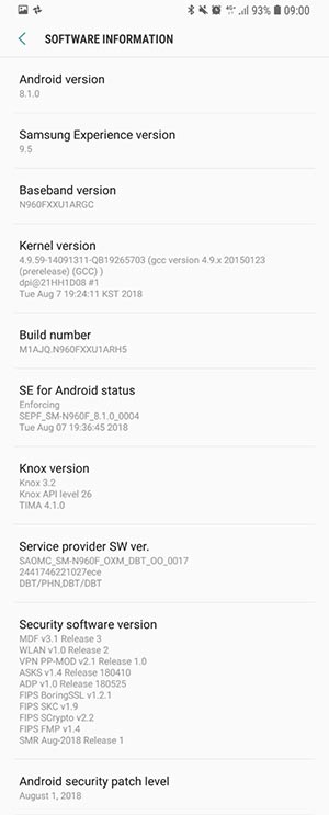 Firmware del Samsung Galaxy Note 9 N960NKSU1ARH5 - Captura de pantalla