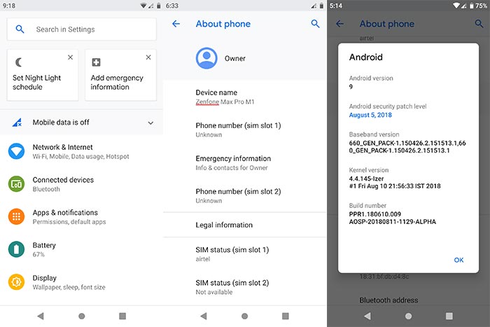 Android Pie ROM en Asus Zenfone Max Pro M1 - Captura de pantalla
