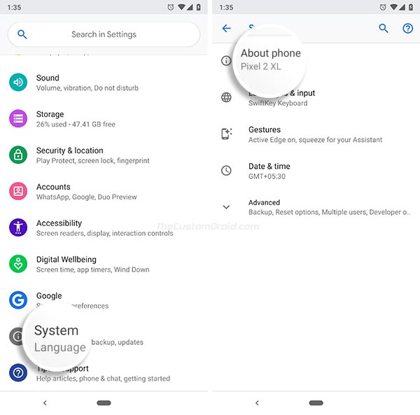 Habilite las opciones de desarrollador en Android Pie: vaya a Configuración-Sistema-Acerca del teléfono