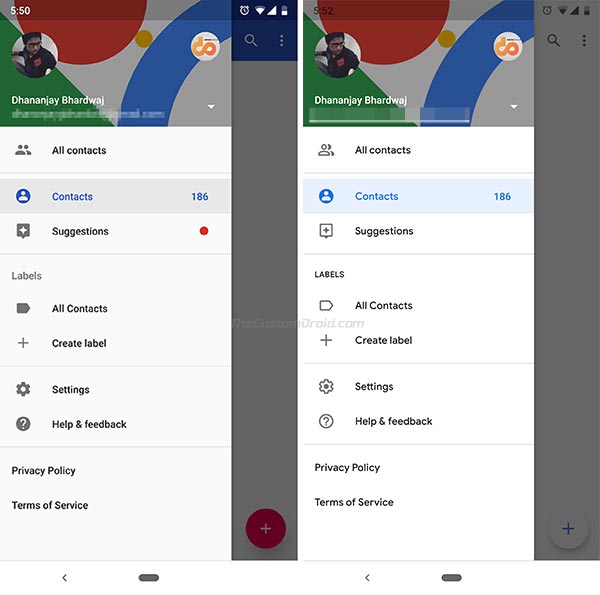 Contactos de Google 3.0 - Todos los contactos - Iconos con cable en el menú Hamburguesa