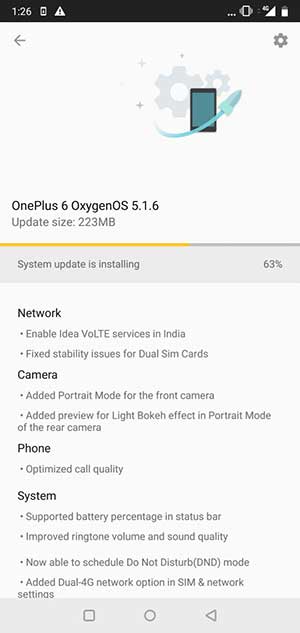 Actualización de OnePlus 6 OxygenOS 5.1.6 - Captura de pantalla OTA