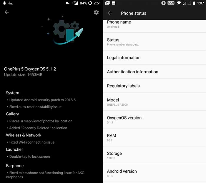 Instale la actualización OnePlus 5 / 5T OxygenOS 5.1.2 - Captura de pantalla OTA