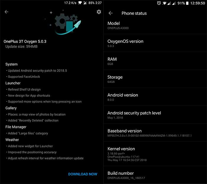 Captura de pantalla OTA de OnePlus 3 / 3T OxygenOS 5.0.3