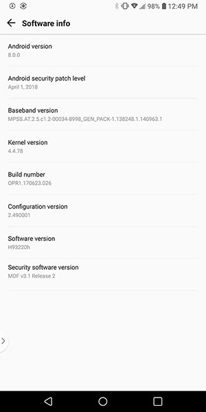 Instale Android Oreo en T-Mobile LG V30 - Captura de pantalla de información del software