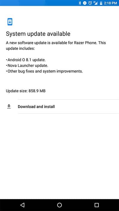Actualización de Razer Phone Android 8.1 Oreo - Notificación OTA