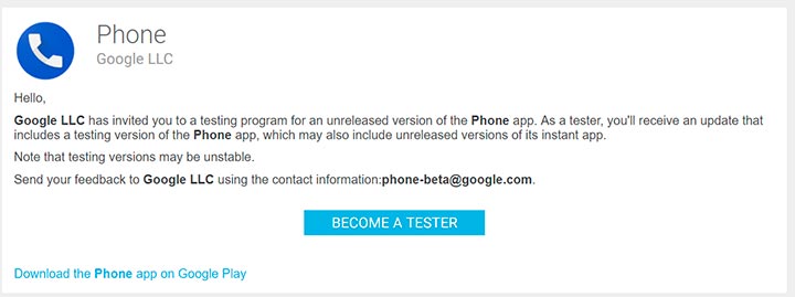 Programa de prueba beta de la aplicación Google Phone