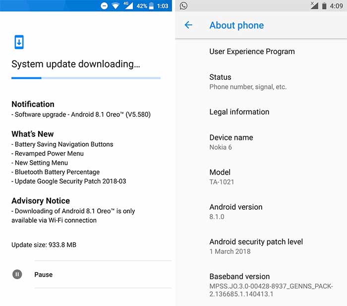 Actualización Nokia 6 Android 8.1 Oreo - Capturas de pantalla OTA