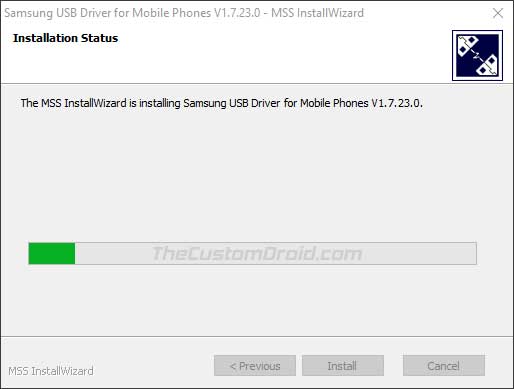 Instale los controladores USB de Samsung en Windows: instalación en curso
