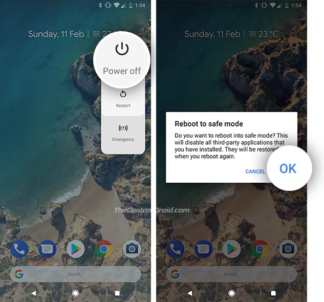 Arranque en modo seguro en un teléfono Android: mantenga presionada la opción de apagado
