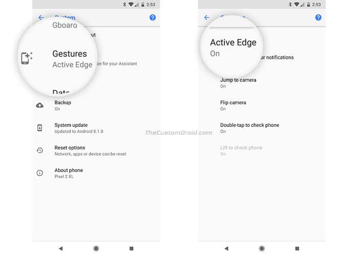 Habilite Active Edge en Google Pixel 2: vaya a Gestos