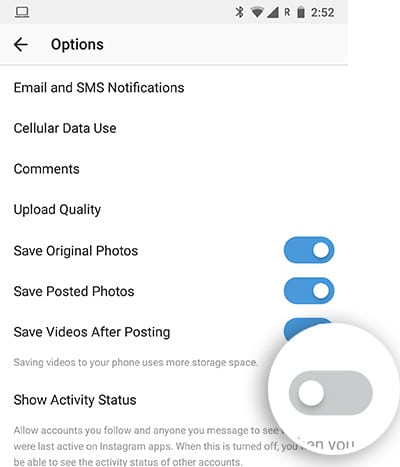 Deshabilitar el estado de actividad de Instagram en Android - Desactivar alternar